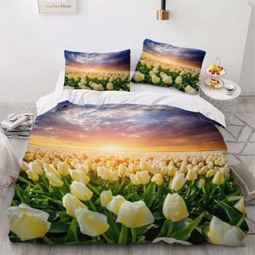 CHCHNXY BettwäSche 200x220,Tulpe 100% Microfaser 3D Print Bettbezug Mit 2 Kissenbezug 80x80cm Mit Reißverschluss,Weich Und Angenehme Bettwäsche Set Für Erwachsener von CHCHNXY
