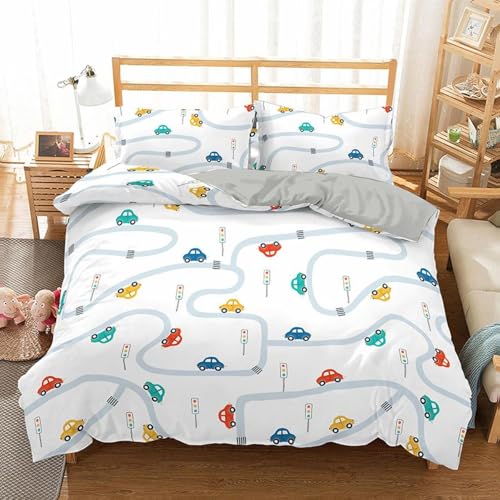 CHCHNXY BettwäSche 200x240,Cartoonauto 3D Print Musterdesign Bettwäsche-Set,100% Mikrofaser Bettwaren-Sets Weiche 1 Bettbezug Mit Reißverschluss Und 2 Kissenbezug 80x80cm von CHCHNXY