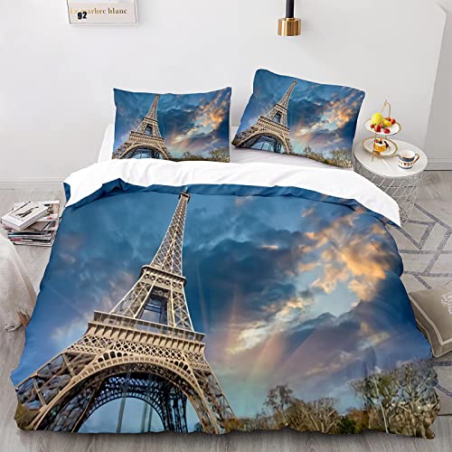 CHCHNXY BettwäSche 200x240,Eiffelturm 3D Print Musterdesign Bettwäsche-Set,100% Mikrofaser Bettwaren-Sets Weiche 1 Bettbezug Mit Reißverschluss Und 2 Kissenbezug 80x80cm von CHCHNXY