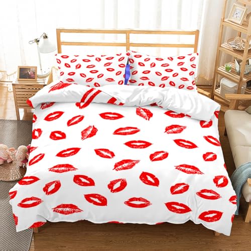 CHCHNXY BettwäSche 200x240,Rote Lippen 3D Print Musterdesign Bettwäsche-Set,100% Mikrofaser Bettwaren-Sets Weiche 1 Bettbezug Mit Reißverschluss Und 2 Kissenbezug 80x80cm von CHCHNXY