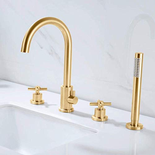 Badewanne Wasserhahn mit Dusche, Schwarz/Gold/Chrom -Badmixer Badezimmer Dusche Wasserhahn Wasserfall Messing Ventil Bad Duschmischmischer zwei Griffe vier Löcher Badewanne Taps Set, Chrom Badewanne Wasserhahn mit Dusche, Schwarz/Gold/Chrom -Badmixer Badezimmer Dusche Wasserhahn Wasserfall Messing Ventil Bad Duschmischmischer zwei Griffe vier Löcher Badewanne Taps Set, Chrom von CHCWR