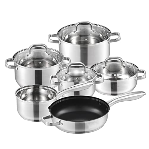 Edelstahl -Kochgeschirrset 10 -teilige Sicherheitsanlagenansatz -Pan -Set Nicht -Set Let Casserol mit Glasdeckel von CHCWR