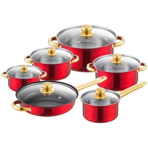 Kochgeschirr -Set -Töpfe und Pfannen Set 6 -Stück Kochgeschirrset Bratpfanne Milch Pfanne Suppe Topf Topf Edelstahl Küche Kochtopf Kochtopf Kochpfanne Set (Rosso One Size) von CHCWR