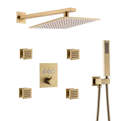 Thermostatisches Duschsystem, mit Körperdüsen, Messingschwarz -Finish, Quadrat 12 Zoll Niederschlagsdusche, schwarz von CHCWR