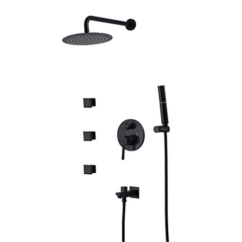 Wandmontierte schwarze Badezimmerdusche 10 "rostfrei runde ultra -dünne Niederschlagsduschkopf mit 3 Körpersprays SND -Handheld -Sprühgerät, Luxusdusch -Set von CHCWR