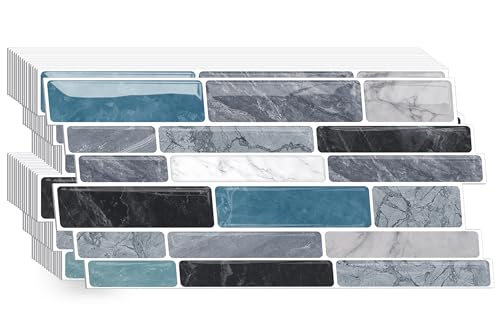 CHDITB 16 Stück Blau und Grau Küchen Fliesenaufkleber,Marmor Klebefliesen Wandfliesen Selbstklebend,Blau Klebefolie Fliesenoptik,Badezimmer Fliesen überkleben,Mosaik Fliesen Wandsticker Bad 26.4x12cm von CHDITB
