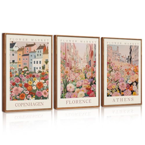 CHDITB 3 Stück Vintage Blumen Bilder,Travel City Rosa Wandkunst Drucke mit Rahmen,Bunte Blumen Markt Leinwanddruck,Abstrakte Wildblumen Pflanzen Wandbild für Wohnzimmer Schlafzimmer,30x40cm von CHDITB