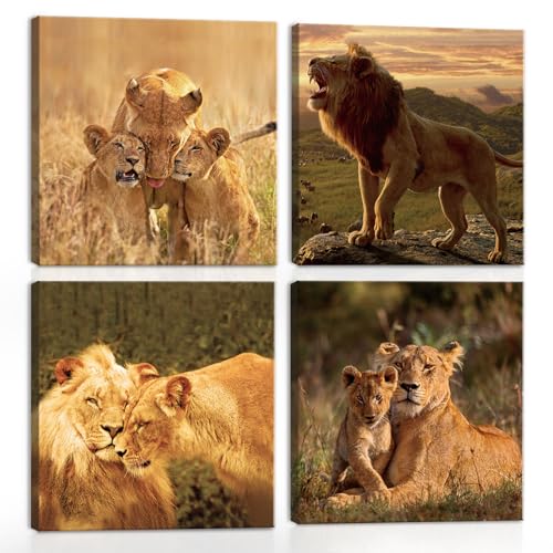 CHDITB 4 Stück,40 * 40cm,Löwe Wandbilder Leinwand,Löwen und Löwin Familie Bilder,Wilde Tiere Wandbild,Löwenjunge WandKunst Poster,Modern Wildtier Poster für Wohnzimmer Schlafzimmer Büro Dekorations von CHDITB