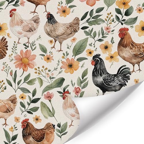 CHDITB Bauernhof Hahn Blumen Tapete,Blumen Möbelfolie Klebefolie,Huhn Tierischen Tapete Selbstklebend(44x300cm) Bauernhof Hahn Blume Klebefolie Aufkleber für Möbel Küche Schrank Backsplash Tapete von CHDITB