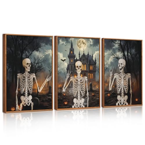 CHDITB Gerahmtes Leinwand-Wandkunst-Set, Motiv: gruseliges Skelett, Kürbis-Wanddekoration, seltsames Spukhaus, Kunst, Wandgemälde, Vintage-Gothic-Totenkopf-Kunstdrucke für Wohnzimmer CHDITB Gerahmtes Leinwand-Wandkunst-Set, Motiv: gruseliges Skelett, Kürbis-Wanddekoration, seltsames Spukhaus, Kunst, Wandgemälde, Vintage-Gothic-Totenkopf-Kunstdrucke für Wohnzimmer von CHDITB