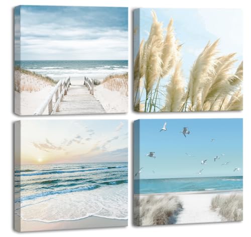 CHDITB 4 Stück,40 * 40cm Meer Strand Poster,Meer Küste Wellen Leinwand Wanddeko,Schilf Strand Sonnenaufgang Wandkunst,Moderne Meeresansicht Poster Set Wohnzimmer Schlafzimmer Zuhause Dekoration von CHDITB