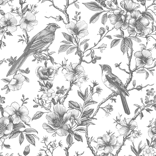 CHDITB Vintage Blumen Tapeten,Kolibrivögel Blumen Tapeten,Selbstklebend Blumen Wandstickers(44x300cm) Pflanzen Blüten Wandaufkleber,Grau Vinyl Wandsticker für Schlafzimmer Wohnzimmer Wanddeko von CHDITB