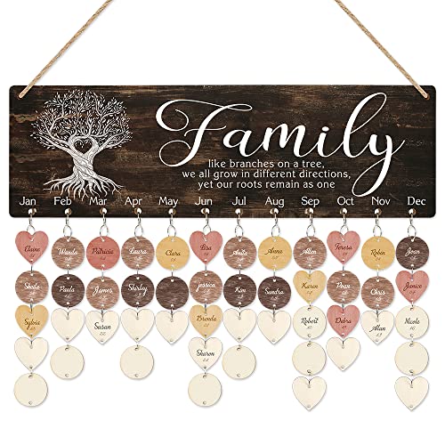 Familien-Geburtstags-Erinnerungskalenderbrett (40.6 x 12.7 cm), dekoratives Geburtstagsgeschenk für Muttertag, Weihnachten, Holz, Familie, Freunde, Plakette, Wandbehang mit 100 Herz-/Kreis-Anhängern von CHDITB