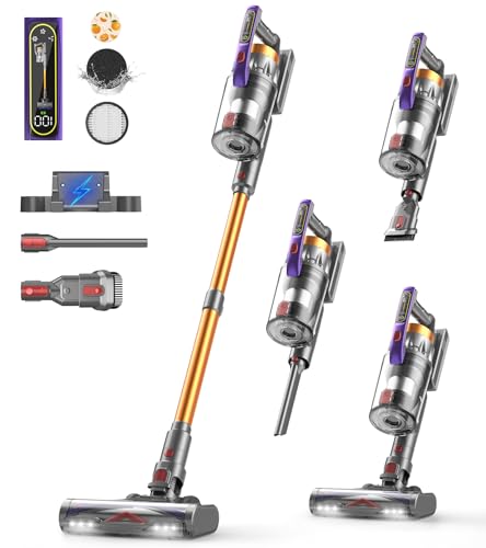 CHEBIO Akku Staubsauger, 580W/48000pa/65Mins Staubsauger Kabellos mit LED-Anzeige, Anti-Tangle-Bürste, Freistehender, Aufladen an der Wand, für Boden/Teppich/Tierhaare von CHEBIO