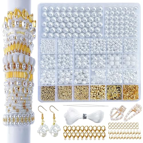 CHEERLINK DIY Perlen für Armbänder, Perlen Set mit Perlen zum Auffädeln, Goldene Abstandskugeln und Pearl Beads für Schmuckherstellung, Weiße Perlen zur Herstellung von Armbändern Selber Machen von CHEERLINK