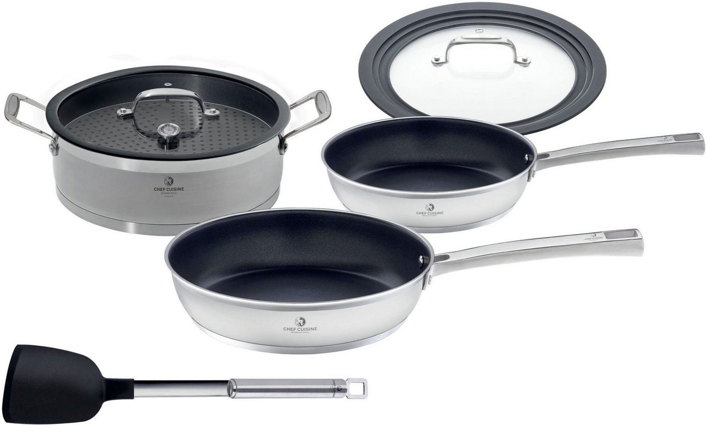 CHEF CUISINE International Pfannen-Set Chef Cuisine, Edelstahl 18/10 (Set, 5-tlg., 1 Dampfgarer, je 1 Bratpfanne 24/28 cm, 1 Universalglasdeckel 24-28 cm), Induktion von CHEF CUISINE International