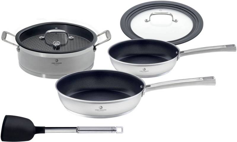 CHEF CUISINE International Pfannen-Set, Edelstahl 18/10 (Set, 5-tlg., 1xServierpfanne, 2xBratpfanne 24+28 cm,1xUniversal-Glasdeckel,1xWender), Teflon™ Antihaft, induktionsgeeignet, spülmaschinengeeignet, rostfrei von CHEF CUISINE International