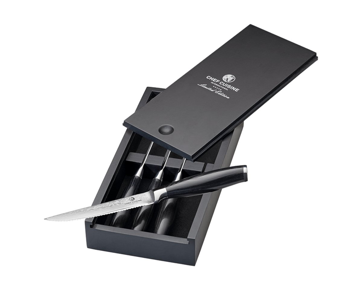 CHEF CUISINE International Steakmesser DAMAST 4er Set in Geschenkbox (4 Stück), ergonomischer Griff aus robustem Pakkaholz von CHEF CUISINE International