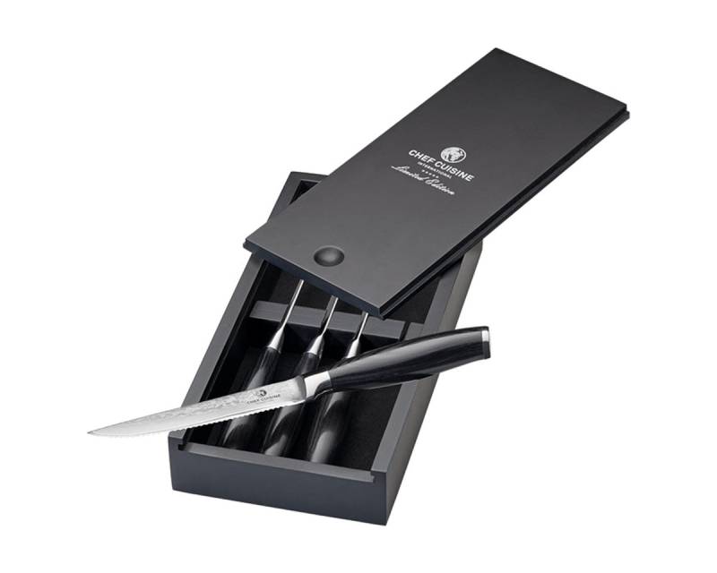 CHEF CUISINE International Steakmesser DAMAST 4er Set in Geschenkbox (4 Stück), ergonomischer Griff aus robustem Pakkaholz von CHEF CUISINE International