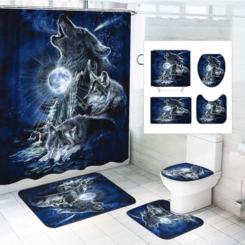 CHEFFS 4-teiliges Wolf Duschvorhang-Sets Waldmond Wolf Duschvorhang Waldmond Wald Mond Wolf Duschvorhang Wölfe Textil Wald Tier Duschvorhänge Set Polyester Stoff (120 x 200 cm(BxH),2) von CHEFFS
