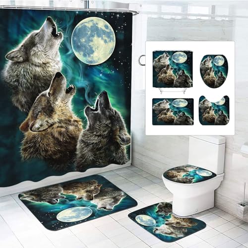 CHEFFS 4-teiliges Wolf Duschvorhang-Sets Waldmond Wolf Duschvorhang Waldmond Wald Mond Wolf Duschvorhang Wölfe Textil Wald Tier Duschvorhänge Set Polyester Stoff (180 x 180 cm(BxH),3) von CHEFFS