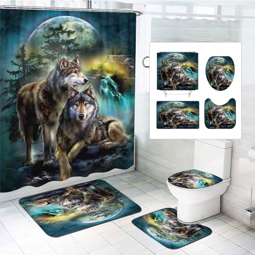 CHEFFS 4-teiliges Wolf Duschvorhang-Sets Waldmond Wolf Duschvorhang Waldmond Wald Mond Wolf Duschvorhang Wölfe Textil Wald Tier Duschvorhänge Set Polyester Stoff (180 x 180 cm(BxH),6) von CHEFFS