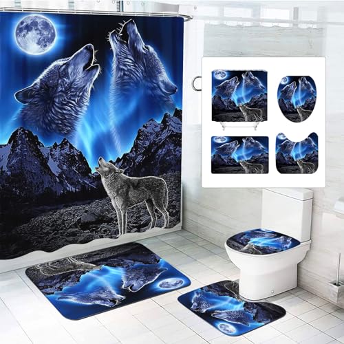 CHEFFS 4-teiliges Wolf Duschvorhang-Sets Waldmond Wolf Duschvorhang Waldmond Wald Mond Wolf Duschvorhang Wölfe Textil Wald Tier Duschvorhänge Set Polyester Stoff (200 x 200 cm(BxH),5) von CHEFFS