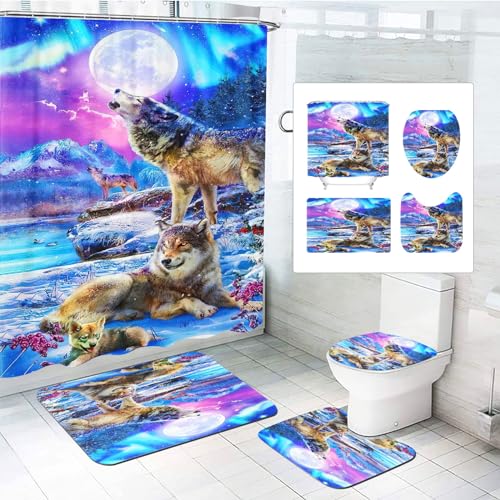 CHEFFS 4-teiliges Wolf Duschvorhang-Sets Waldmond Wolf Duschvorhang Waldmond Wald Mond Wolf Duschvorhang Wölfe Textil Wald Tier Duschvorhänge Set Polyester Stoff (200 x 200 cm(BxH),7) von CHEFFS