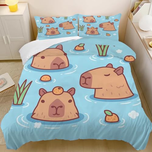 CHEFFS Capybara Bettwäsche 135x200cm Kinder Capybara Liebhaber Bettbezug Set, Kinder Capybara Liebhaber Bettbezug Mikrofaser Nette Capybara Bettbezug mit Reißverschluss (135 x 200 cm,3) von CHEFFS
