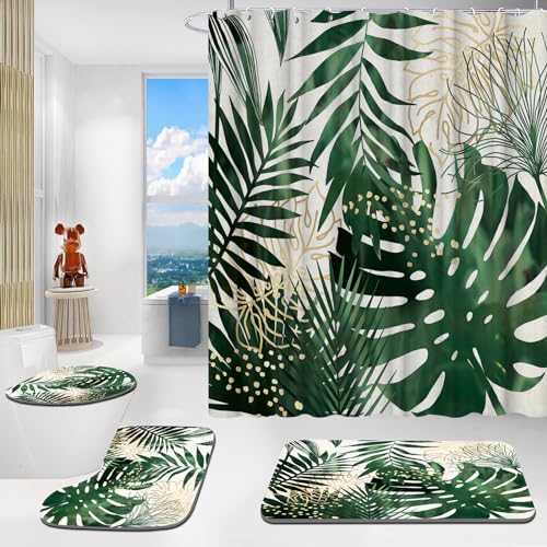 CHEFFS Duschvorhang Tropische Palmblätter Grüne Blätter Pflanze 180 x 180 cm Duschvorhänge Set Wasserdicht Shower Curtains Pflanzen Badezimmermatte 4-teiliges Set (180 x 180 cm(BxH),3) von CHEFFS