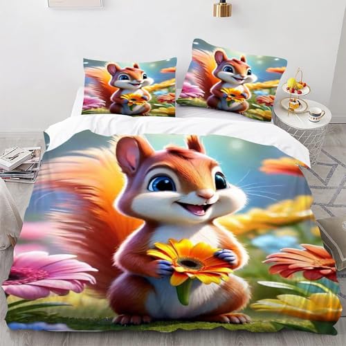 CHEFFS Eichhörnchen Bettwäsche 135x200 Kinder Eichhörnchen Tier Bettbezug Set für 3D Drucken Microfaser Waldtiere Bettwäsche-Sets mit Super weich Reißverschlus (135 x 200 cm,7) von CHEFFS