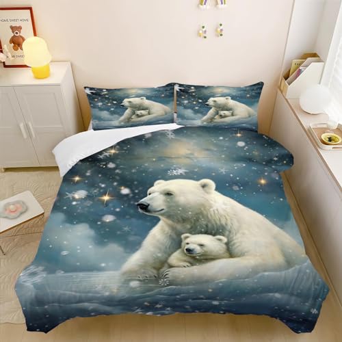 CHEFFS Eisbär Bettwäsche 135x200 cm Eisbär Kinderbettwäsche für Jungen Mädchen, Eisbär Biber Weiss Bettwäsche Set 3D Drucken 100% Mikrofaser Eisbär Bettbezug Und Kissenbezug (135 x 200 cm,3) von CHEFFS