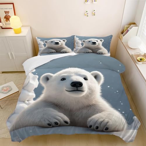 CHEFFS Eisbär Bettwäsche 135x200 cm Eisbär Kinderbettwäsche für Jungen Mädchen, Eisbär Biber Weiss Bettwäsche Set 3D Drucken 100% Mikrofaser Eisbär Bettbezug Und Kissenbezug (135 x 200 cm,4) von CHEFFS