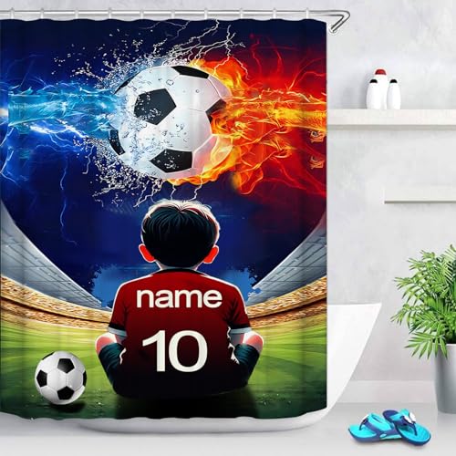 CHEFFS Fußball Duschvorhang 180x180 180x200 Fußball Sport Duschvorhänge Textil Wasserdicht Fußball Badevorhang Jungen, Personalisierter Duschvorhang Fußball (180 x 180 cm(BxH),1) von CHEFFS