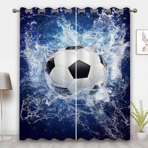 CHEFFS Fußball Gardinen Verdunklungsgardine Ösen Für Schlafzimmer, Fußball Vorhänge Blickdicht Verdunkelungsvorhang Fußball Für Kinderzimmer (1,150 x 166cm(2X75X166cm)) von CHEFFS