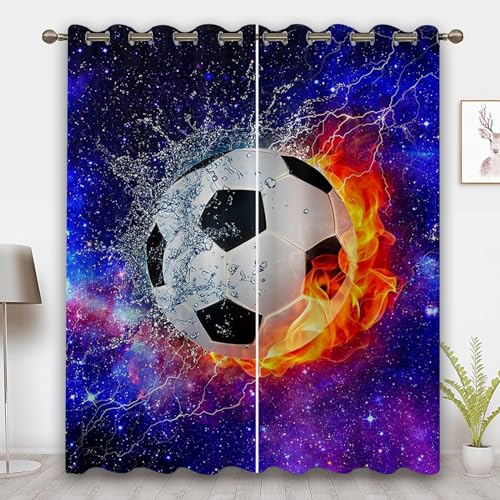 CHEFFS Fußball Gardinen Verdunklungsgardine Ösen Für Schlafzimmer, Fußball Vorhänge Blickdicht Verdunkelungsvorhang Fußball Für Kinderzimmer (5,100 x 140 cm(2X50X140cm)) von CHEFFS