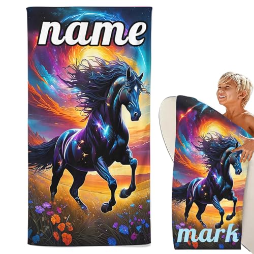 CHEFFS Handtuch Pferd mit Namen Personalisiert Badetuch, Handtuch Pferd Kinder Badetuch mit Namen，Mikrofaser Pferd Strandtuch Groß 100x200cm Badetuch Duschtuch Kinder Pferd (100 x 200 cm,1) von CHEFFS
