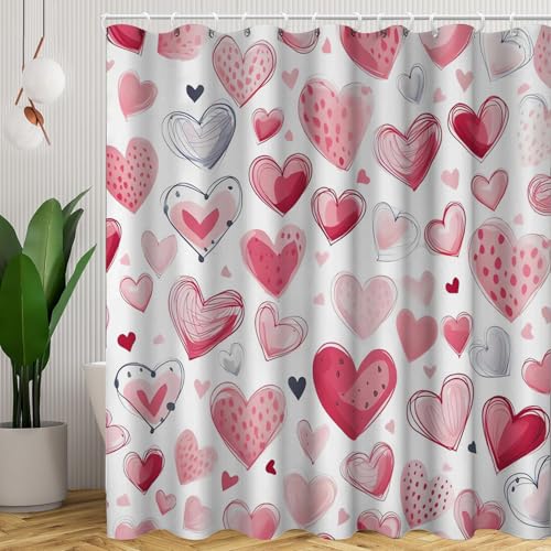 CHEFFS Herz Duschvorhang 180 x 200 180 x 180 Herzen Rosa Rot Blumen Cartoon Textil Weiß Duschvorhänge Herz Shower Curtains Wasserdicht (180 x 200 cm(BxH),1) von CHEFFS