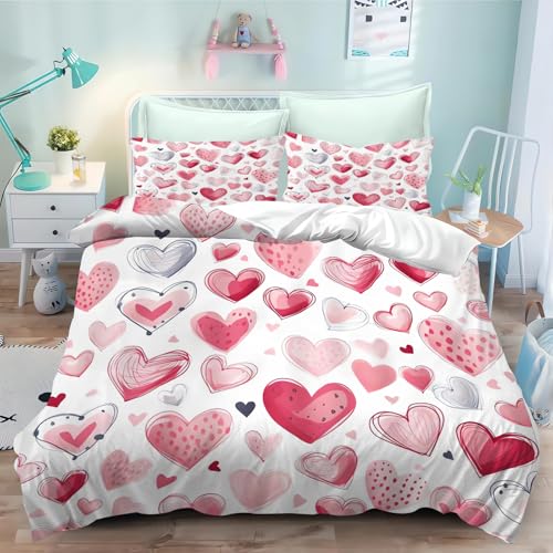 CHEFFS Herzen Bettwäsche 135x200 Herzmuster Rosa Herzen Bettbezug Set Kinder Microfaser Rot Weiss Herzchen Bettwäsche-Set mit Reißverschluss und Kissenbezug (220 x 260 cm,1) von CHEFFS
