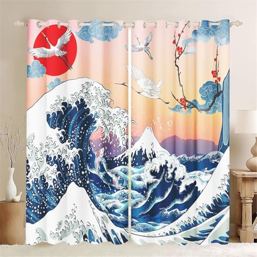 CHEFFS Japanischer Kirschblüten Verdunkelungsvorhänge mit Ösen, Japanische Fenstervorhang Kirschblüten BlickdichteJapaniSchön Vorhänge 2er Set Gardinen (5,220 x 215 cm(2X110X215cm)) von CHEFFS
