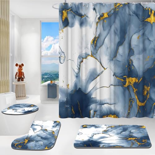 CHEFFS Marmor Duschvorhang-Set, 180 x 180 cm, Schwarz, Gold, Grün, Blau, Modern, 4-teilig von CHEFFS
