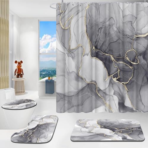 CHEFFS Marmor Duschvorhang-Set, Marmor Duschvorhang 180 x 180 Marmor Schwarz Gold grün Blau Muster Modern Duschvorhänge Set Marmor Badezimmermatte 4-teiliges Set (200 x 200 cm(BxH),1) von CHEFFS