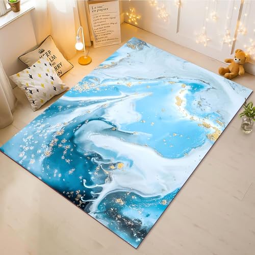 CHEFFS Marmor Teppich Wohnzimmer 160x230cm Schlafzimmer Kinderteppich Kinderzimmer, Blau Schwarz Grau Marmor Teppich Kinder Spielteppich Wohnzimmerteppich Fur Schlafzimmer Dekoration(13,80X160CM) von CHEFFS