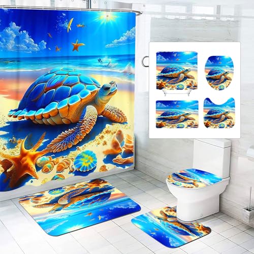CHEFFS Meer Schildkröte Duschvorhang 180x180 180x200 Meeresschildkröte Blauer Ozean Duschvorhänge Set Polyester Fische Shower Curtains Badezimmerteppich 4-teiliges Set (200 x 200 cm(BxH),4) von CHEFFS