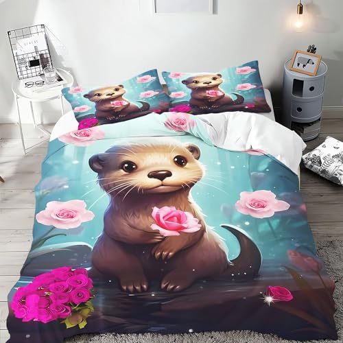 CHEFFS Otter Bettwäsche 135x200cm süßes Otter Bettbezug Set Kinder 3D Seeotter Weiche Mikrofaser Bettwäsche Set 100% Mikrofaser tierotter Bettbezug Und Kissenbezug (135 x 200 cm,3) von CHEFFS