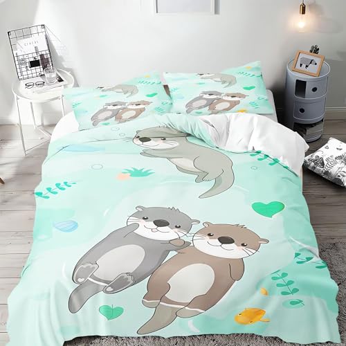 CHEFFS Otter Bettwäsche 135x200cm süßes Otter Bettbezug Set Kinder 3D Seeotter Weiche Mikrofaser Bettwäsche Set 100% Mikrofaser tierotter Bettbezug Und Kissenbezug (140 x 210 cm,10) von CHEFFS