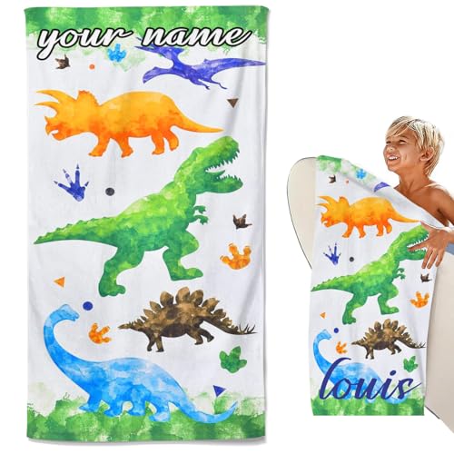CHEFFS Personalisiert Dinosaurier Strandtuch Mit Namen, Dinosaurier Handtuch Badetuch Mit Namen Mikrofaser Strandtuch Groß 90x180 cm Badetuch Dinosaurier Kinder für Jungen (40 x 80 cm,1) von CHEFFS