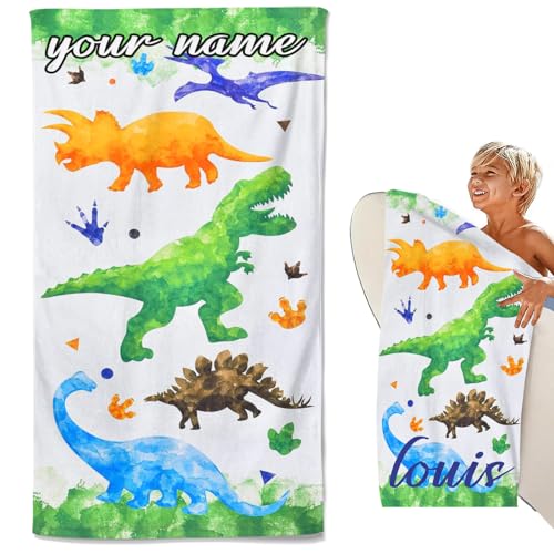 CHEFFS Personalisiert Dinosaurier Strandtuch Mit Namen, Dinosaurier Handtuch Badetuch Mit Namen Mikrofaser Strandtuch Groß 90x180 cm Badetuch Dinosaurier Kinder für Jungen (70 x 140 cm,1) von CHEFFS