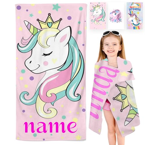 CHEFFS Personalisiert Einhorn Strandtuch Mit Namen, Personalisierte Einhorn Handtuch Badetuch Mit Namen Mikrofaser Einhorn Strandtuch Groß 100x200cm Badetuch für Strand (50 x 100 cm,1) von CHEFFS