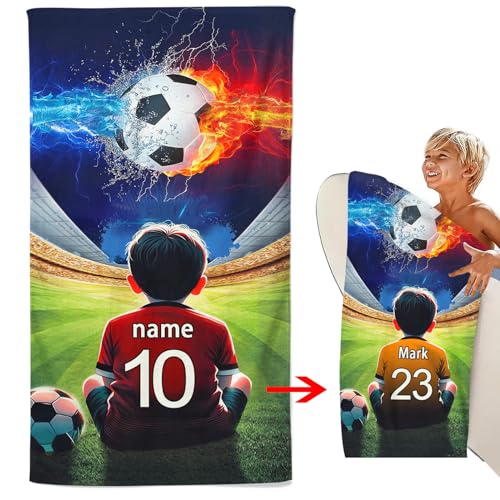 CHEFFS Personalisiert Fußball Strandtuch Mit Namen, Personalisiertes Fußball Handtuch Mit Namen Badetuch Mikrofaser Strandtuch 70x140cm Badetuch Handtuch Saunatuch Fußball (70 x 140 cm,1) von CHEFFS